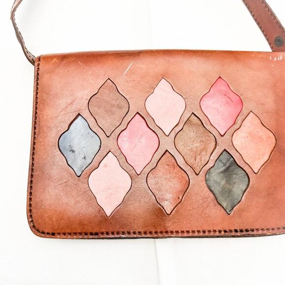 Valerie Large Brown Genuine Leather Tan Leather Patterned Handbag Purse Italy - Picture 2 of 5